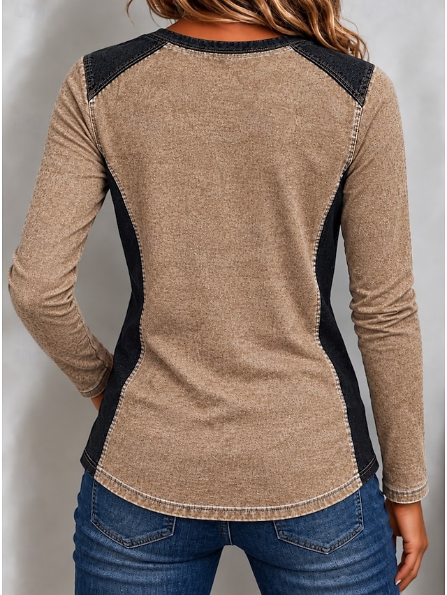 Women's Denim Blouse Denim Shirt Henley Shirt Patchwork Plain Vintage Fashion Stylish Long Sleeve Turndown Regular Tops Casual Beach Khaki Green Summer Spring Fall Winter - Khaki