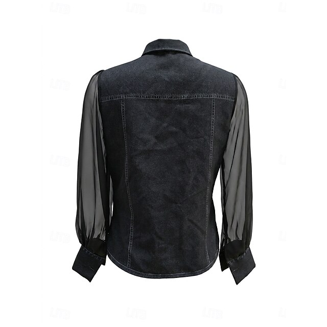 Women's Denim Blouse Denim Shirt Button Down Shirt Patchwork Mesh Buttons Elegant Lantern Sleeve Shirt Collar Casual Black Dark Blue Light Blue Summer Spring Fall - Light Blue