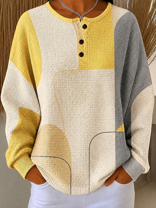 Women's Textured Pullover Sweatshirt Buttons Graphic Geometric Color Block Fashion Casual Print Long Sleeve Crew Neck Regular Tops Casual Street Blue Yellow Green Spring Fall - Yellow