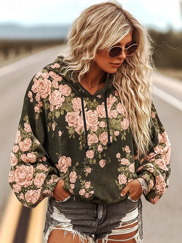 Women's 3D Print Vintage Boho Hoodie Patchwork Hoodie Sweatshirt Floral Viking Pullover Sweatshirt Floral Graphic Vintage Casual Long Sleeve Hooded Street Print Front Pocket Green Spring Fall Winter - Black