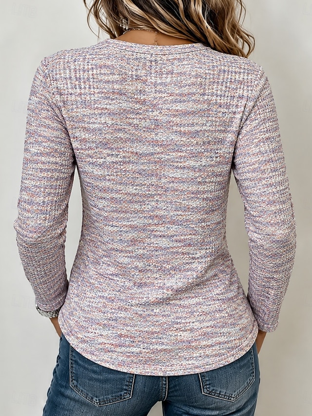 Women's T Shirt Waffle Knit Tops Solid Color Bohemia Vintage Stylish Long Sleeve Henley Regular Tops Casual Daily Weekend Pink Green Apricot Summer Spring Fall Winter - Pink