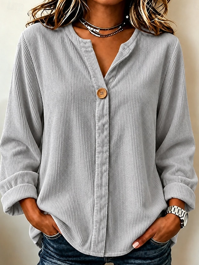 Women's Corduroy Shirt Blouse Ruffle Blouse Texture Buttons Solid Color Plain Vintage Daily Stylish Long Sleeve V Neck Regular Tops Casual Army Green Beige Gray Spring Fall Winter - Gray