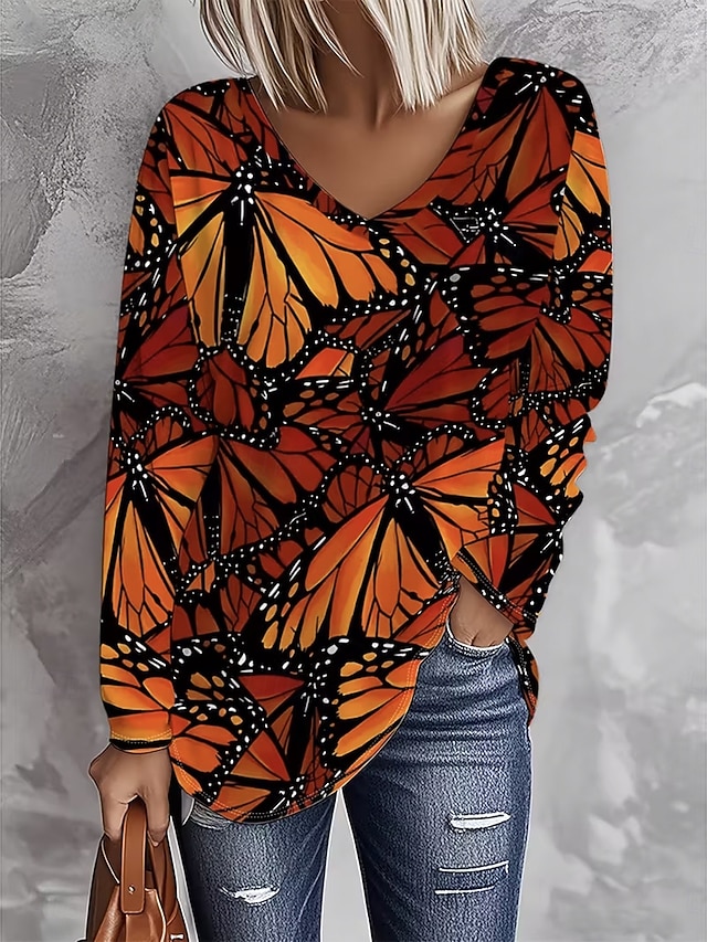 Women's T Shirt Print Graphic Butterfly Vintage Stylish Casual Long Sleeve V Neck Regular Tops Daily Blue Purple Orange Green Spring Fall - Orange