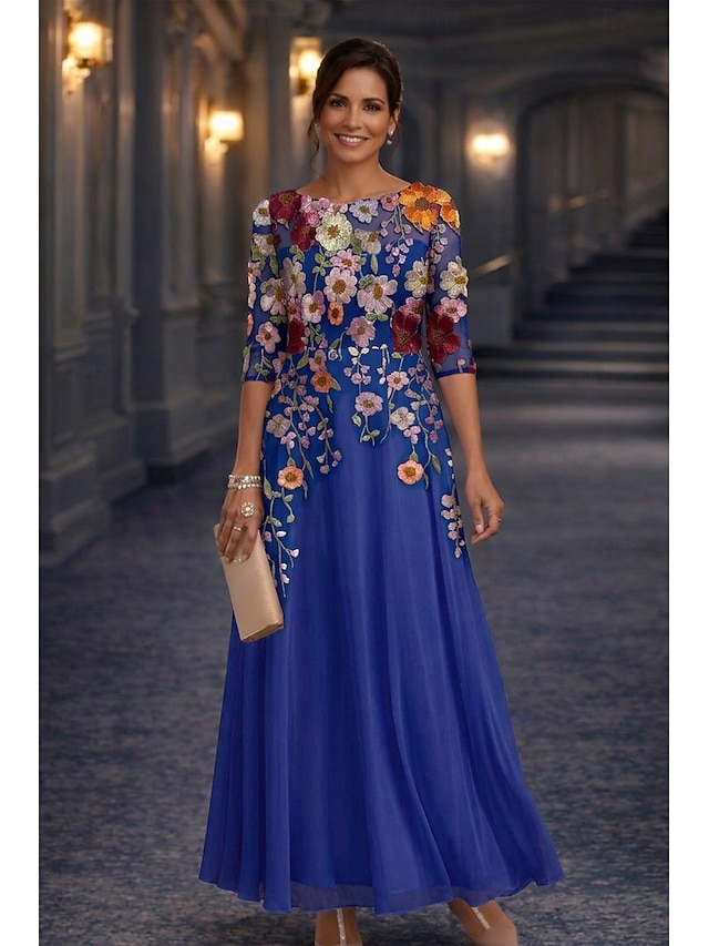 A-Line Floor Length Lace Dress Mother of the Bride Dress Long Sleeve Crew Neck Illusion Neck Elegant Vintage Formal Wedding Guest Wedding Party Chiffon Lace with Floral Print 3D Flowers Embroidery - Royal Blue
