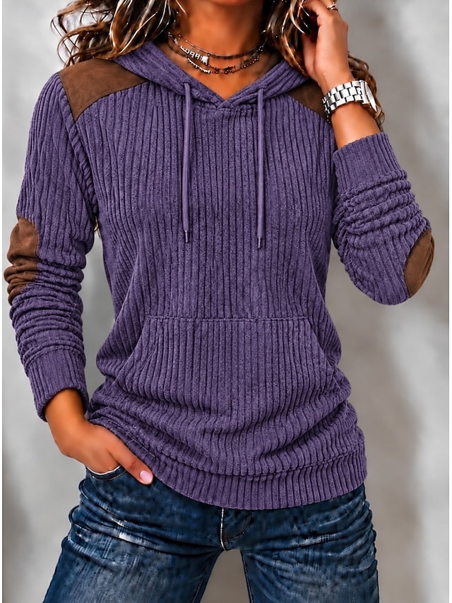 Women's Corduroy Tops Pullover Hoodie Sweatshirt Patchwork Pocket Plain Warm Active Vintage Long Sleeve Hooded Long Tops Casual Home Street Orange Green Fall Winter - Orange