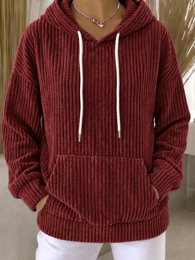 Women's Corduroy Tops Pullover Hoodie Sweatshirt Pocket Plain Warm Active Vintage Long Sleeve Hooded Regular Tops Casual Home Street Blue Purple Fall Winter - Purple