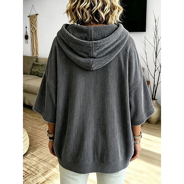 Women's Corduroy Tops Textured Warm Vintage Fashion 3/4 Length Sleeve Hooded Long Tops Casual Home Street Ash Light Purple Green Fall Winter - Ash