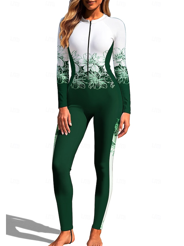 Women's Regular Rash Guard Full Body Rash Guard One Piece Surfing Suit Floral Tropical Color-blocking Zip Up with Built in Bra Front Zip UV Sun Protection Full Coverage UPF50+ Long Sleeve Full Body - Green