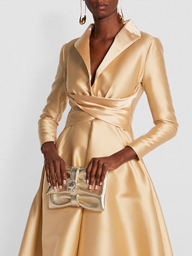A-Line Floor Length Wedding Guest Dress Formal Dresses Flare Dress Mother of the Bride Dress Long Sleeve Shirt Collar Elegant Formal Wedding Guest Satin with Ruched - Vibrant Yellow