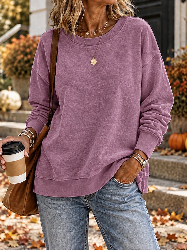 Women's Washed Cotton Pullover Sweatshirt Pullover Plain Active Vintage Casual Long Sleeve Crew Neck Regular Tops Casual Home Street Black Pink Purple khaki Army Green Spring Fall Winter - Purple