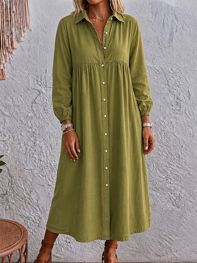 Women's Maxi Dress Shirt Dress Elegant Vacation Designer Solid Color Long Sleeve Shirt Collar Pink Red Green Light Blue Summer Spring Fall - Green