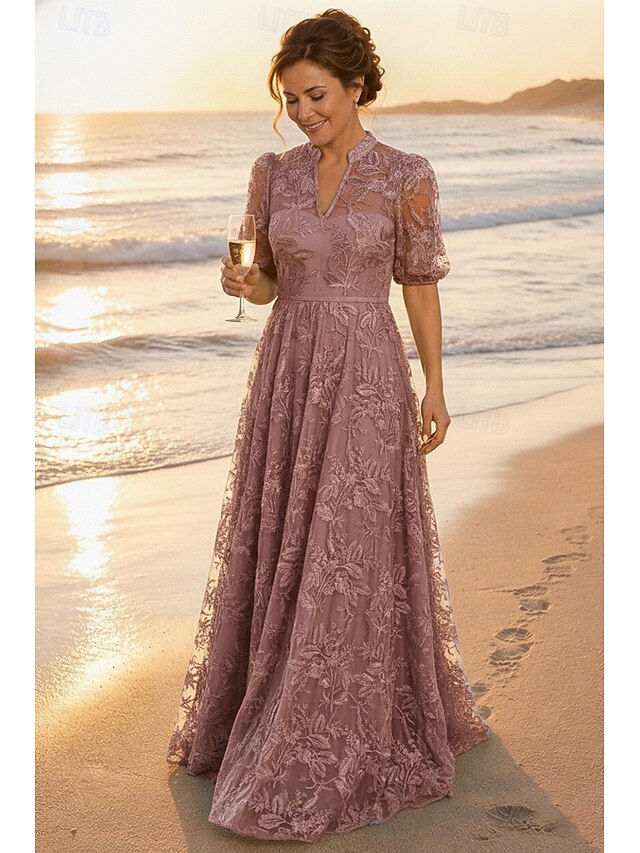 A-Line Dress Floor Length Lace Dress Mother of the Bride Dress Short Sleeve V Neck High Neck Elegant Vintage Luxurious Formal Wedding Guest Semi Formal Lace with Embroidery Appliques - Dusty Rose