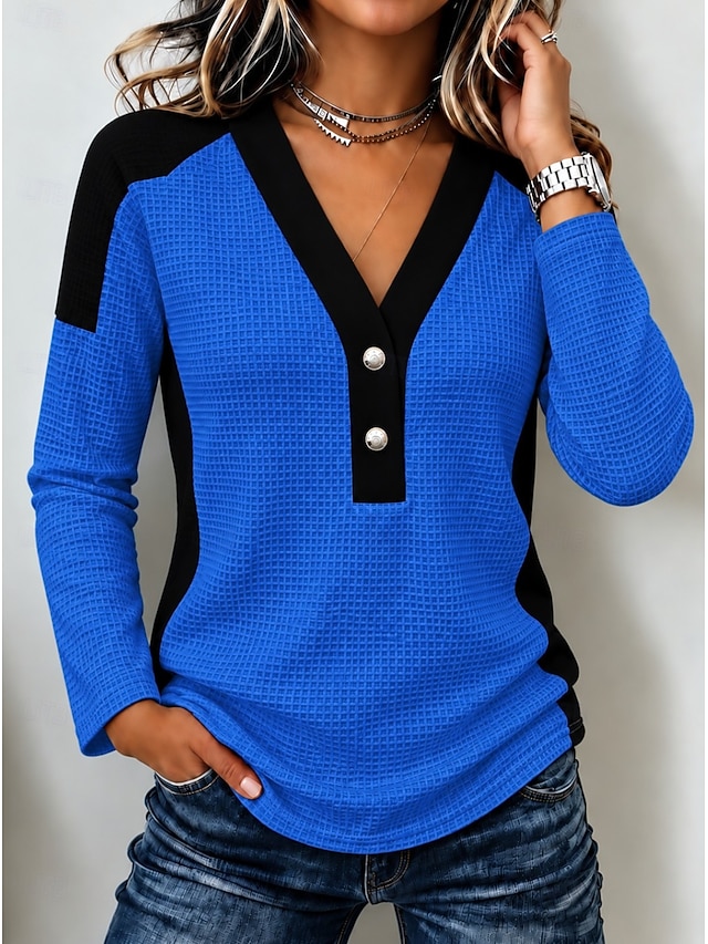 Women's Waffle Polo Shirts Patchwork Solid Color Bohemia Active Vacation Long Sleeve V Neck High Neck Regular Tops Casual Daily Holiday Blue White Red Summer Spring Fall Winter - Blue