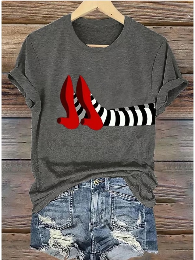 Halloween Women's T shirt Witch Graphic Vintage Stylish Classic Short Sleeve Crew Neck Round Neck Regular Tops Daily Weekend Print Black White Light Green Pink Blue Summer Fall - Gray