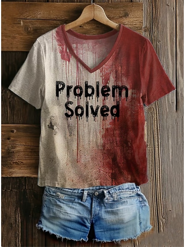 Halloween Women's Bloody Problem Solved T Shirt Bloodstain Graphic Letter Vintage Stylish Classic Short Sleeve V Neck Regular Tops Daily Print Gray/Red White Wine Red Red White Spring - Gray / Red