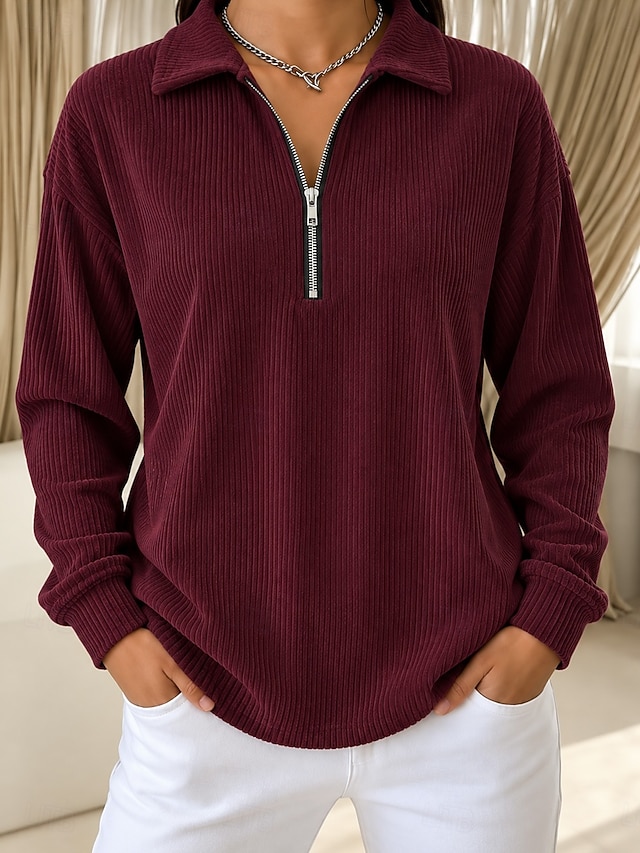 Women's Corduroy Tops Tunic Jacquard Texture Vacation Casual Long Sleeve Turndown Regular Tops Casual Daily Work Blue Red Green Spring Fall Winter - Red