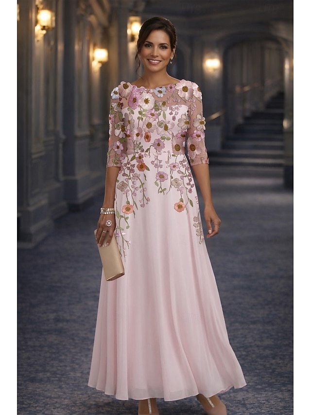 A-Line Floor Length Lace Dress Mother of the Bride Dress Long Sleeve Crew Neck Illusion Neck Elegant Vintage Formal Wedding Guest Wedding Party Chiffon Lace with Floral Print 3D Flowers Embroidery - Pink