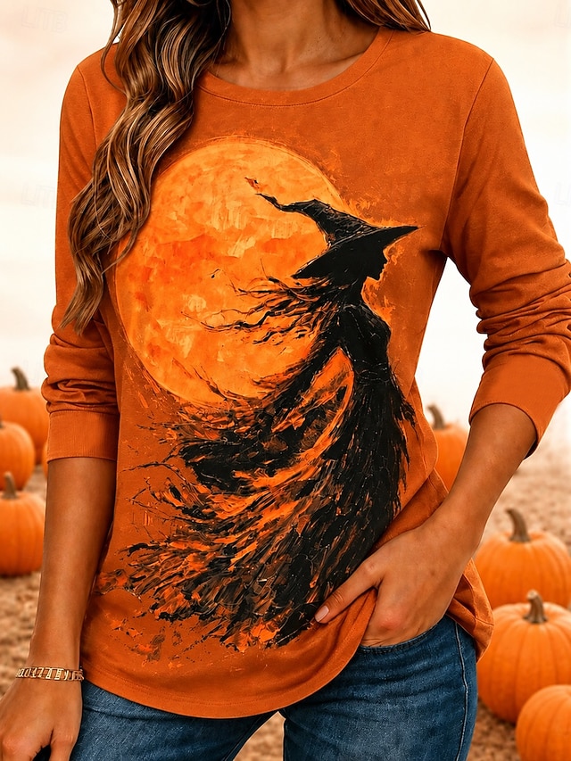 Halloween Women's Flying Witch Orange Full Moon Graphic T Shirt Long Sleeve Crew Neck Vintage Spooky Casual Top Black - Orange