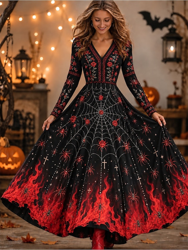 Halloween Women's Maxi Dress A Line Dress Elegant Vintage Designer Party Ombre Graphic Long Sleeve V Neck Black Yellow Red Fall Winter - Black