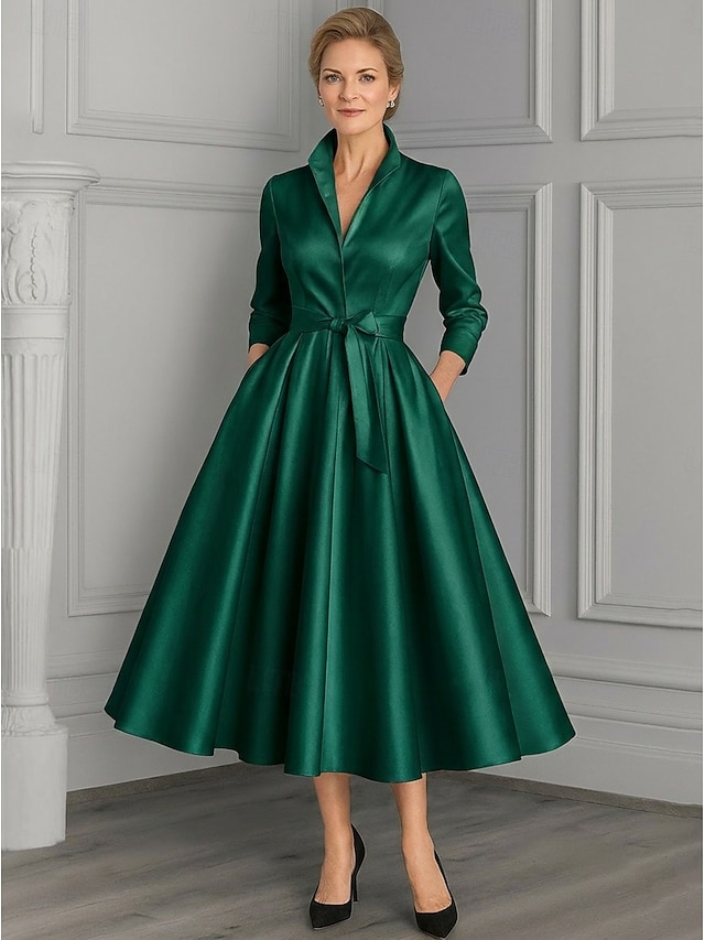 A-Line Ankle Length Party Dress Cocktail Dress Wedding Guest Dress Mother of the Bride Dress Long Sleeve V Neck Elegant Vintage Party Formal Evening Wedding Party Birthday with Pleats - Dark Green