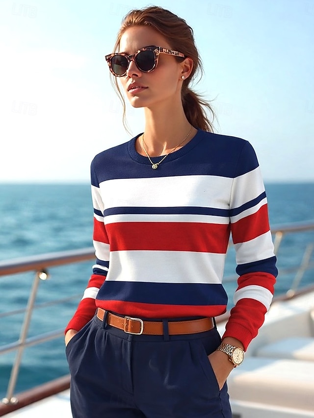 Women's T Shirt Print Striped Graphic Geometric Ocean Vintage Fashion Stylish Long Sleeve Crew Neck Regular Tops Daily Navy Blue Summer Spring - Navy Blue