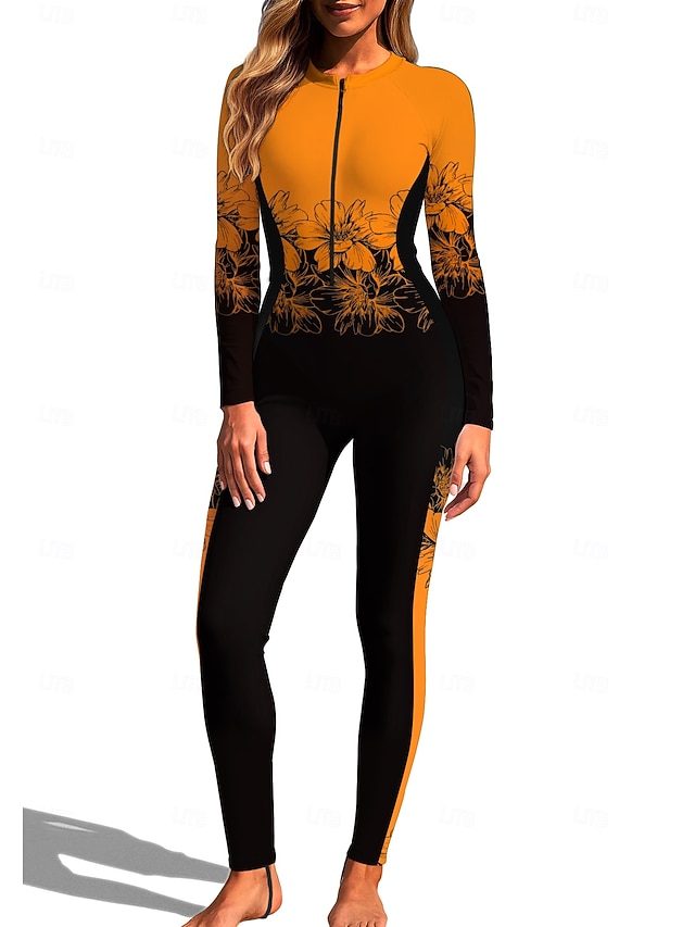 Women's Regular Rash Guard Full Body Rash Guard One Piece Surfing Suit Floral Tropical Color-blocking Zip Up with Built in Bra Front Zip UV Sun Protection Full Coverage UPF50+ Long Sleeve Full Body - Orange