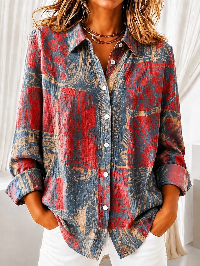 Women's Shirt Blouse Patchwork Buttons Print Ombre Floral Graphic Bohemia Vacation Vintage Long Sleeve Shirt Collar Regular Tops Casual Daily Blue Red Green Summer Spring Fall - Red