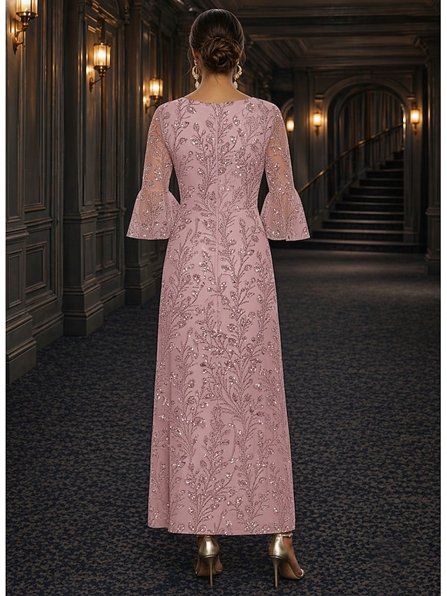 A-Line Dress Floor Length Ankle Length Cocktail Dress Mother of the Bride Dress Long Sleeve V Neck Elegant Luxurious Sparkle & Shine Formal Wedding Guest Semi Formal Lace with Beading Sequin - Dusty Rose