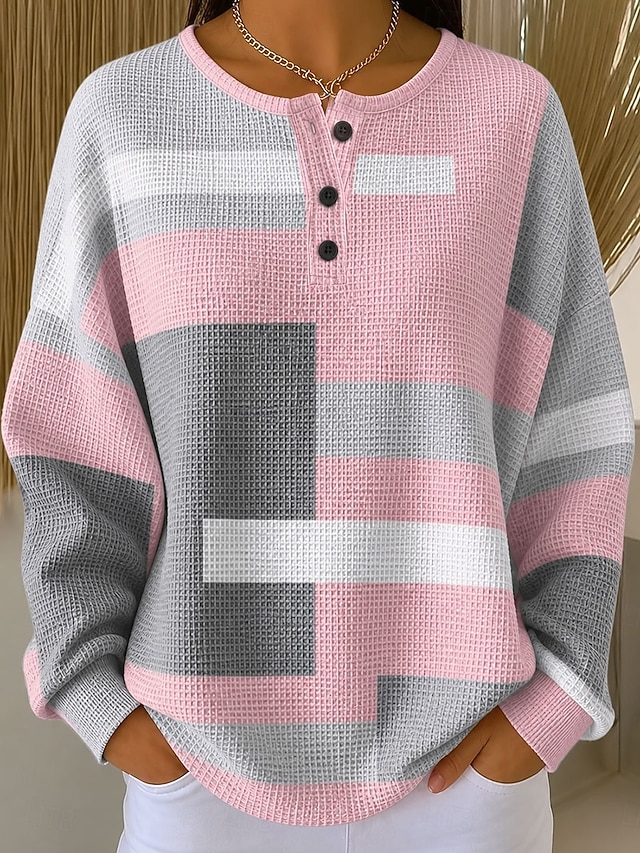Women's Textured Pullover Sweatshirt Buttons Graphic Geometric Color Block Fashion Casual Print Long Sleeve Crew Neck Regular Tops Casual Street Blue Yellow Pink Spring Fall - Pink