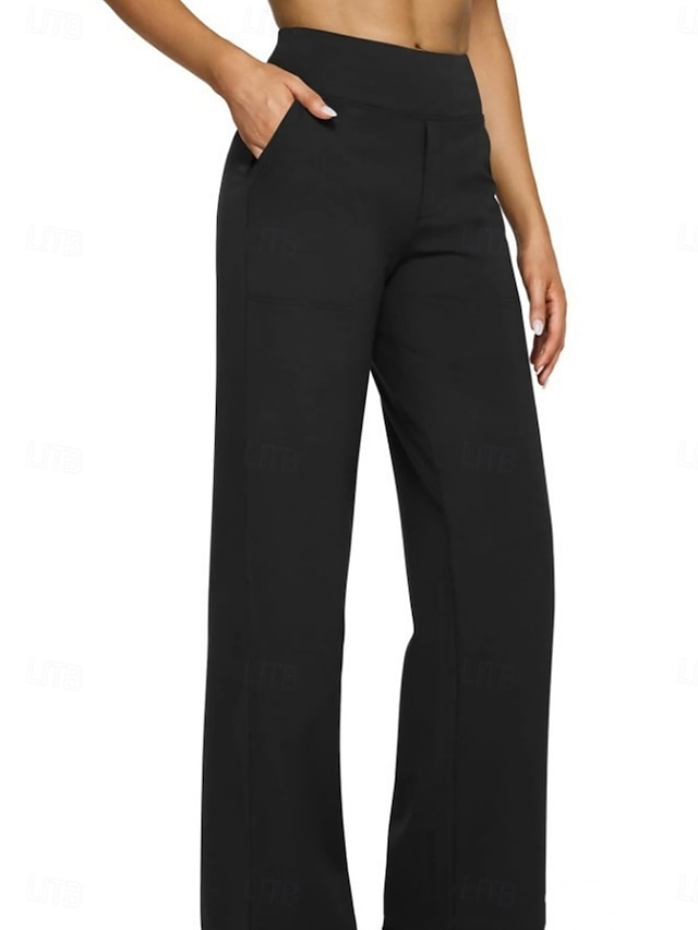 Women's Trousers Casual Pants Straight Fashion Streetwear Basic Full Length High Waist Plain Pocket Elastic Waist Comfort Micro-elastic Daily Vacation Street Blue Black White Almond Spring Fall Loose - Black