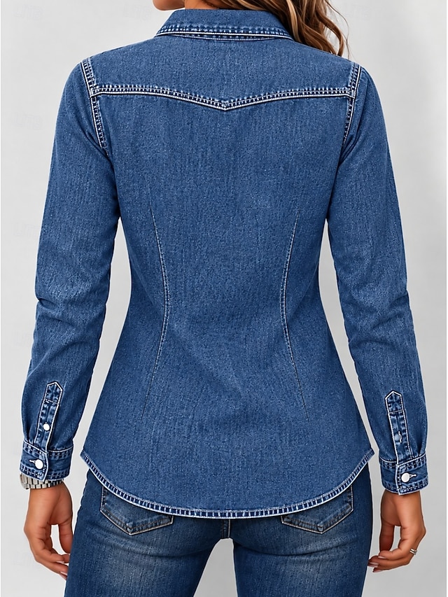 Women's Denim Blouse Denim Shirt Henley Shirt Graphic Plain Vintage Fashion Stylish Long Sleeve Regular Tops Casual Beach Blue Black Red Green Spring Fall Winter - Blue