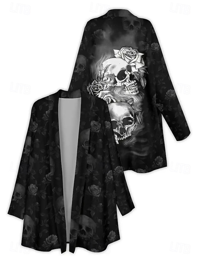 Halloween Women's Giant Skull 3D Bone Cage Print Kimono Cardigan Lightweight Collarless Open Front 3/4 Sleeve Long Cover Up White Gray - Gray