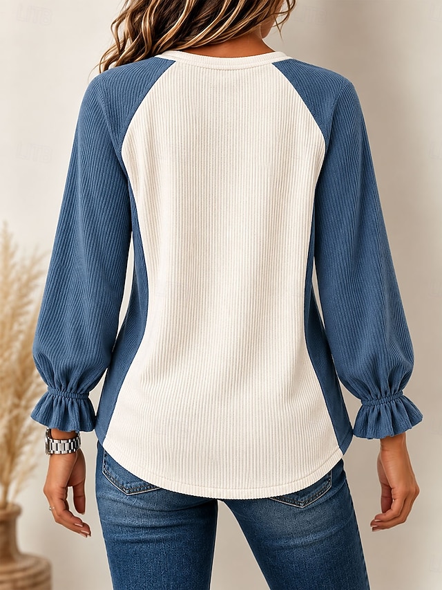 Women's Corduroy Shirt Dressy Tops Frill Blouse Patchwork Vintage Stylish Casual Long Sleeve Ruffle Sleeve V Neck Regular Tops Casual Party Holiday Navy Blue Summer Fall Winter - Navy Blue