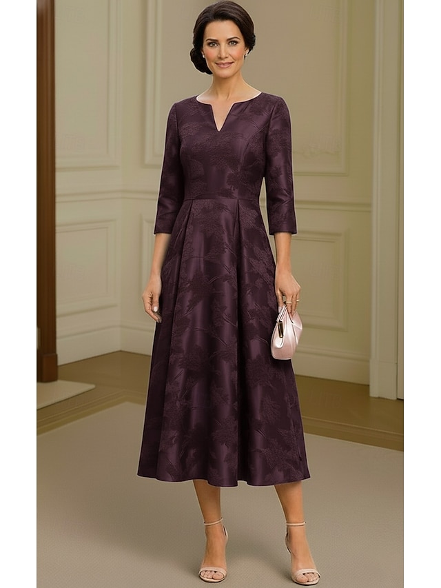 A-Line Dress Floor Length Tea Length Cocktail Dress Mother of the Bride Dress 3/4 Length Sleeve Crew Neck V Neck Elegant Simple Casual Formal Wedding Guest Semi Formal Satin Jacquard with Pleats - Grape