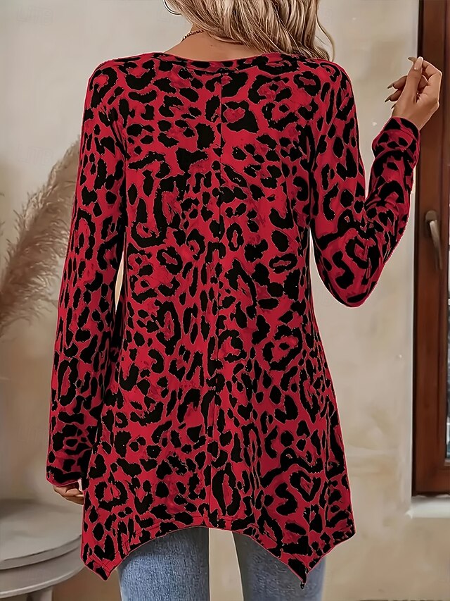 Women's Tunic Print Graphic Leopard Vintage Fashion Casual Long Sleeve Crew Neck Long Tops Daily Weekend Blue Pink Red Purple Brown Fall Winter - Red