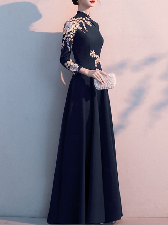 A-Line Mother of the Bride Dress Elegant Simple High Neck Floor Length Stretch Fabric Long Sleeve with Pleats Appliques free custom size - Dark Navy