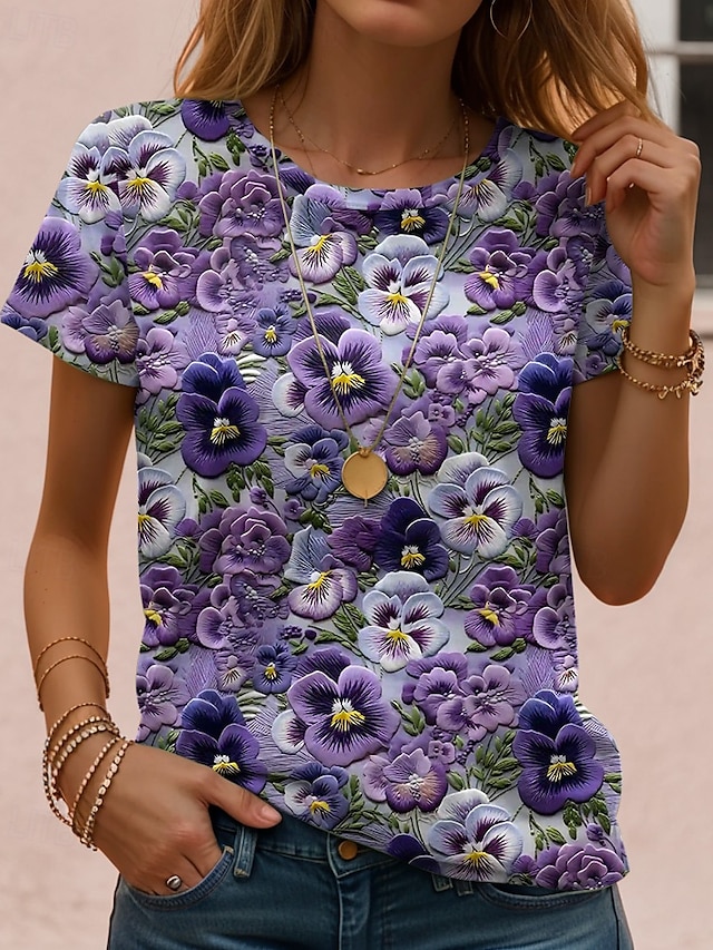 Women's T Shirt Print Floral Casual Short Sleeve Round Neck Regular Tops Daily White Yellow Pink Purple Green Summer - Purple