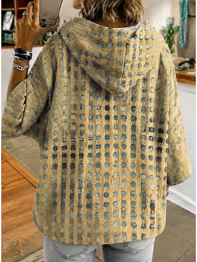 Women's Pullover Sweatshirt Patchwork Graphic Geometric Abstract Fashion Casual Print 3/4 Length Sleeve Hooded Regular Tops Casual Street Orange Brown Green Spring Fall Winter - Green