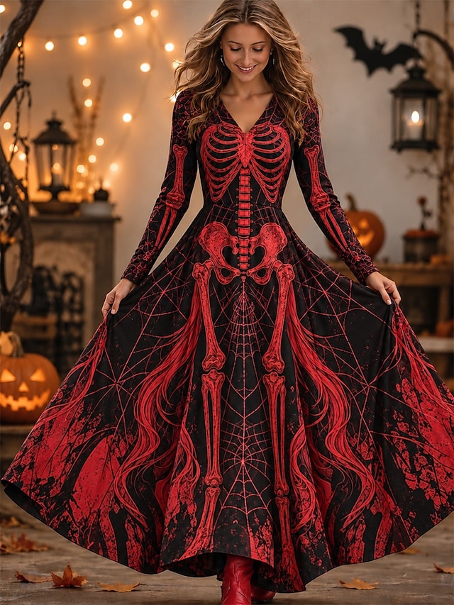 Halloween Women's Maxi Dress A Line Dress Elegant Vintage Designer Party Ombre Graphic Long Sleeve V Neck Black Yellow Red Fall Winter - Red