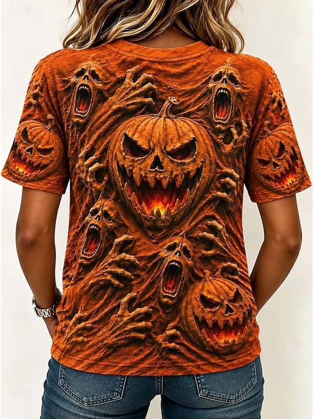 Halloween Women's T Shirt Print Graphic Pumpkin Vintage Stylish Classic Short Sleeve Crew Neck Regular Tops Casual Daily Ash Orange Green Fall Winter - Orange