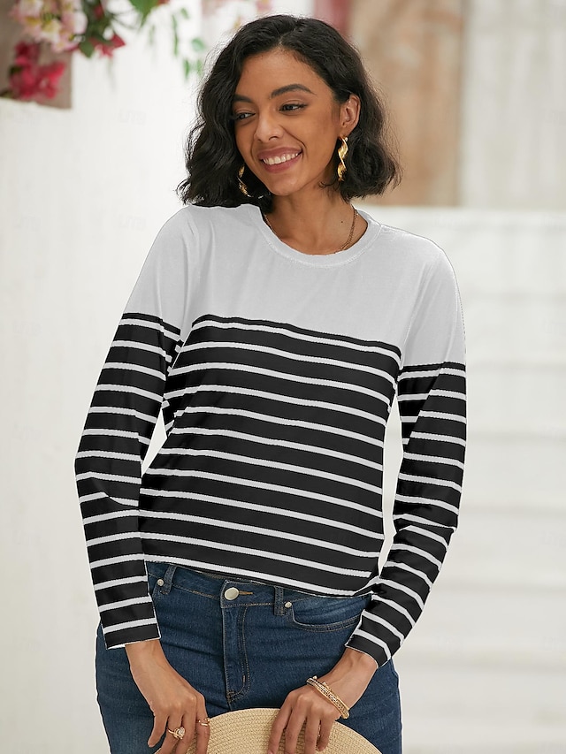 Women's T shirt Long Sleeve Crew Neck Long Sleeve Tunic Striped Basic Round Neck Regular Tops Daily Weekend Print Black White Red Blue Gray Fall & Winter Prefall - White