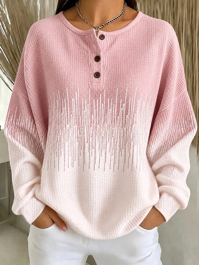 Women's Waffle Knit Tops Buttons Graphic Abstract Fashion Casual Print Long Sleeve Crew Neck Regular Tops Casual Blue Yellow Pink Navy Blue Light Brown Spring Fall - Pink