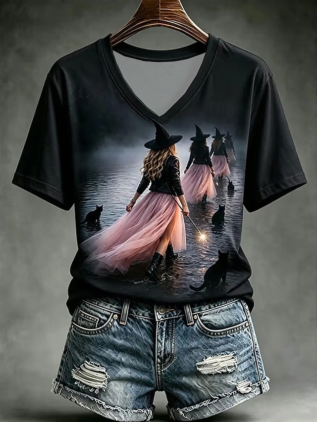 Halloween Women's T Shirt Print Graphic Abstract Witch Vintage Stylish Classic Short Sleeve V Neck Regular Tops Casual Daily Weekend Ash Black Pink Green Summer Spring Fall Winter - Black