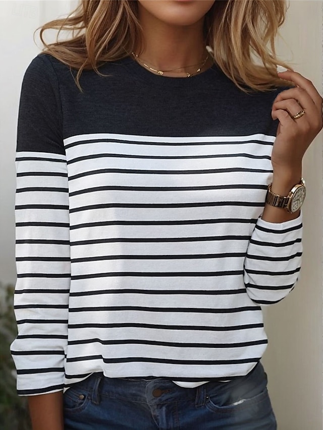 Women's T shirt Long Sleeve Crew Neck Long Sleeve Tunic Striped Basic Round Neck Regular Tops Daily Weekend Print Black White Red Blue Gray Fall & Winter Prefall - Black