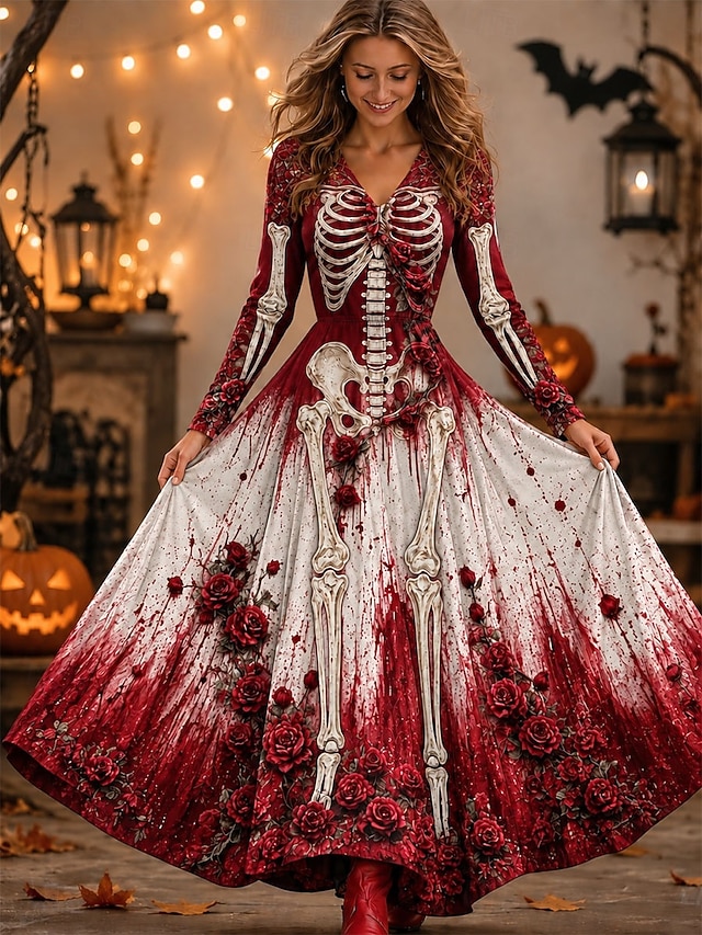Halloween Women's Floor length A Line Dress Elegant Vintage Designer Party Ombre Graphic Long Sleeve V Neck White Black Red Fall Winter - White
