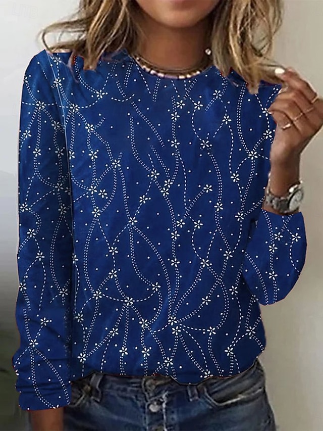 Women's T Shirt Print Floral Graphic Abstract Fashion Casual Long Sleeve Crew Neck Round Neck Regular Tops Daily Weekend Blue Black Red Green Summer Spring Fall - Blue