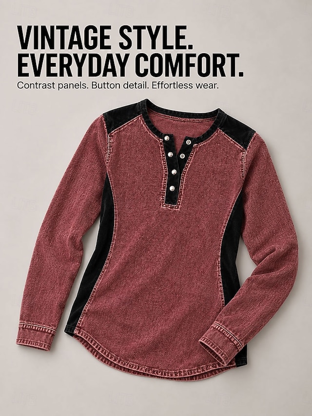 Women's Denim Shirt Blouse Henley Top Patchwork Plain Vintage Fashion Stylish Long Sleeve Lapel Regular Tops Casual Beach Blue Red Green Spring Fall Winter - Red