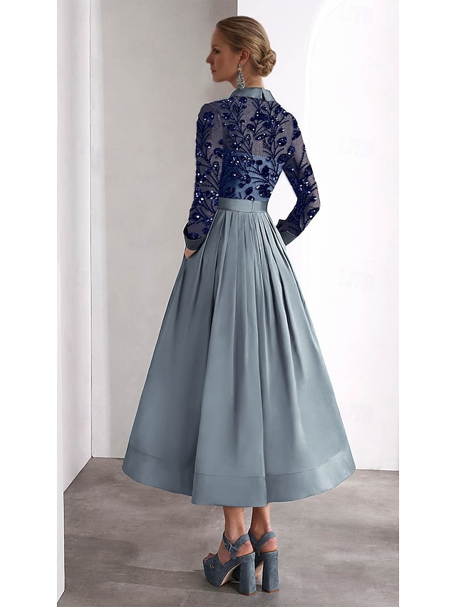 A-Line Ankle Length Beaded Eembroidered Shirt Dress Party Dress Mother of the Bride Dress Long Sleeve Shirt Collar High Neck Elegant Sparkle High Split Formal Wedding Guest Satin with Glitter Slit - Dusty Blue