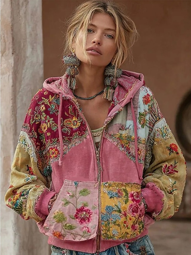 Women's 3D Print Vintage Boho Hoodie Patchwork Hoodie Sweatshirt Floral Zip Up s Vintage Fashion Casual Long Sleeve Hooded Street Dailywear Casual Patchwork Zipper Pocket Red Blue Spring Fall - Red