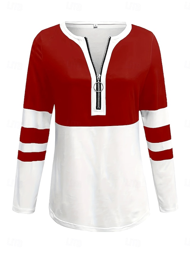 Women's T shirt Long Sleeve Graphic Color Block Striped Elegant Vintage Stylish Long Sleeve V Neck Regular Tops Daily Weekend Zipper Print Black Red Royal Blue Spring Fall Prefall - Red